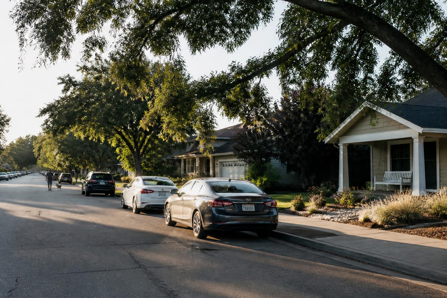 A family walking a tree-lined California neighborhood street at golden hour